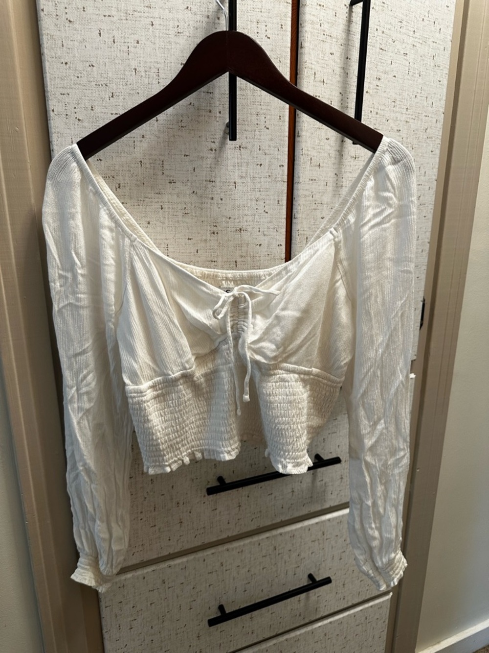Hollister White Long-Sleeve Smocked Tie-Front Top